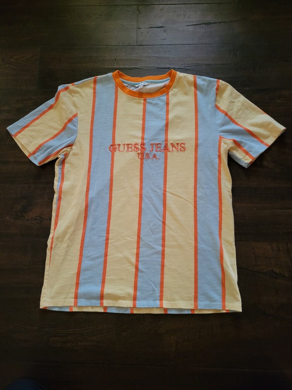 Guess Originals T-Shirt Mens Small Yellow Blue Orange Striped Embroidered Logo